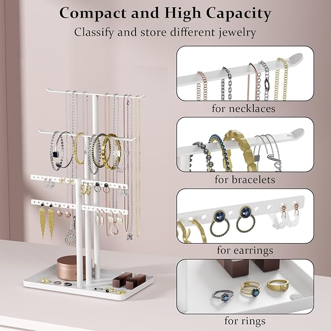 pickpiff White Jewelry Stand Holder Organizer: 12.5" Sturdy Hanger for 80 Pcs Jewelry, Jewlery Tower for Display Necklace, Earring, Bracelet, Watch