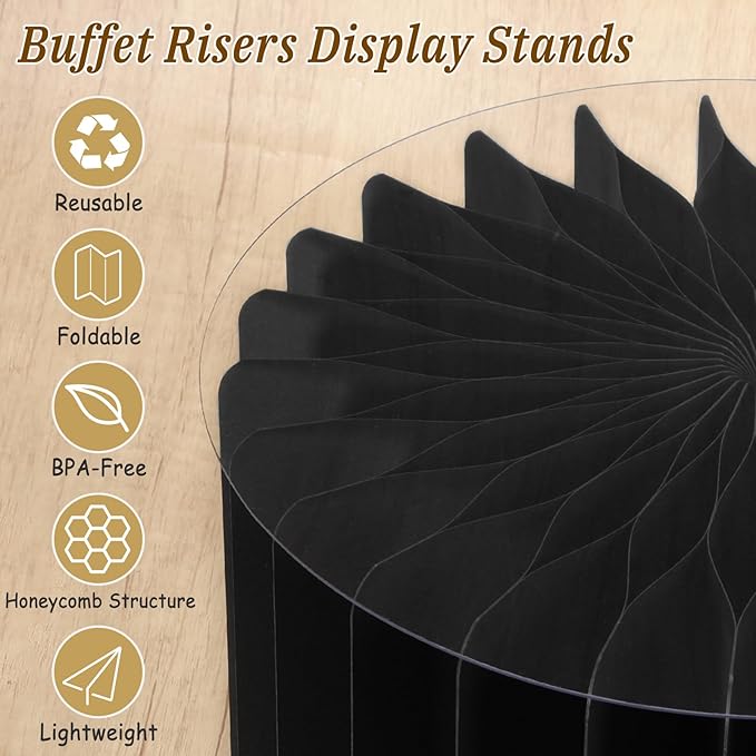 6Pcs Buffet Risers, Food Risers for Table, Foldable Cake Display Stands, Tall Cardboard Cupcakes Stand for Show Catering Desserts Jewelry Wedding Birthday Party Decoration (Black)