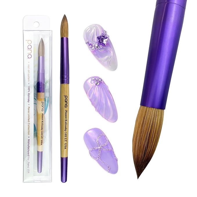 PANA Pure Kolinsky Hair Acrylic Nail Brush - Round Shape Purple Ferrule with Beige Wood Handle (Size 16) - Nail Brush for Acrylic Nail Application, Nail Extension, Manicure Pedicure Salon Beginner and