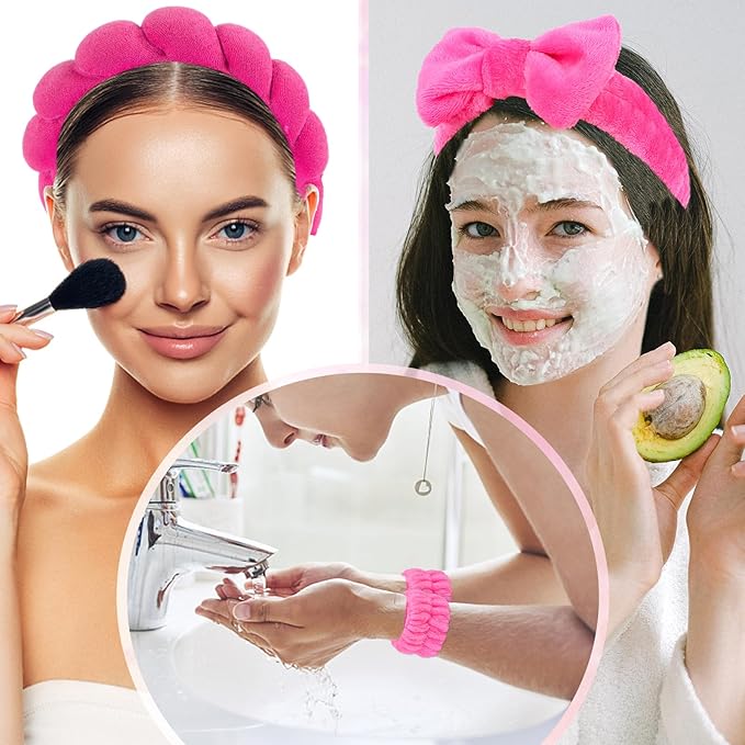 CAVETEE 6 Pack Spa Headband Set - Makeup Headbands with Bows, Face Washing Wristbands for Women and Girls