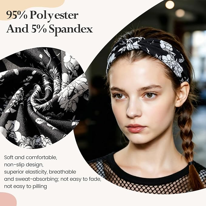HSEM Wide Headbands for Women 6-Pack – Non-Slip Boho Hair Bands, Thick Elastic Flower Head Bands – Large Knotted Soft Stretchy Sweat Bands for Sports, Yoga, Washing Face, Makeup, Running, Spa