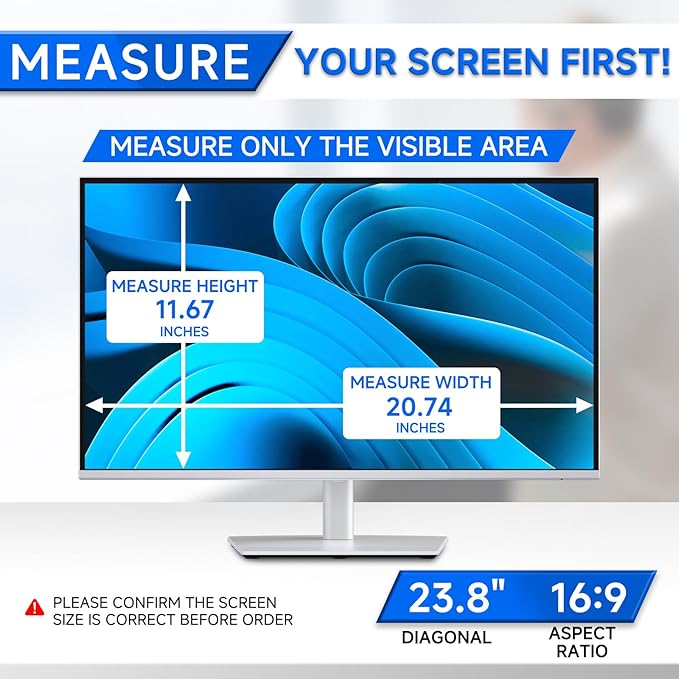 [2-Pack] Privacy Screen For Computer Monitor, 23.8-Inch 16:9 Aspect Ratio; Anti Spy/Bule Light/Glare And Eye Protection, 2 Install Ways Removable For Office, Airport, Cafe And Other Public Area; Diagonal 23.8 Inches, Width 20.74 Inches, Height 11.67 In...