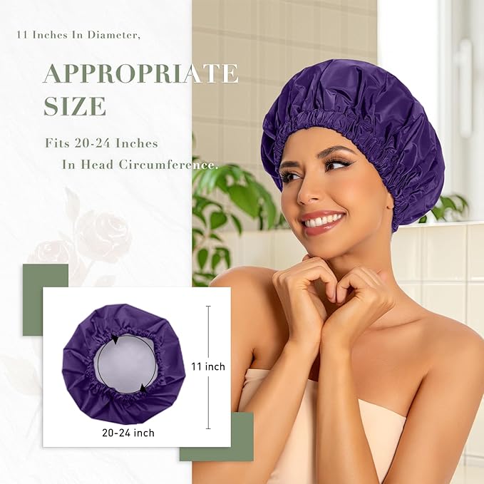 Reusable Shower Cap for Women, Large Waterproof Shower Bonnet with Elastic Band, Washable Bath Hair Cap for Long, Curly Hair, Braids, Daily Shower, Home Spa, Travel(Dark Purple)