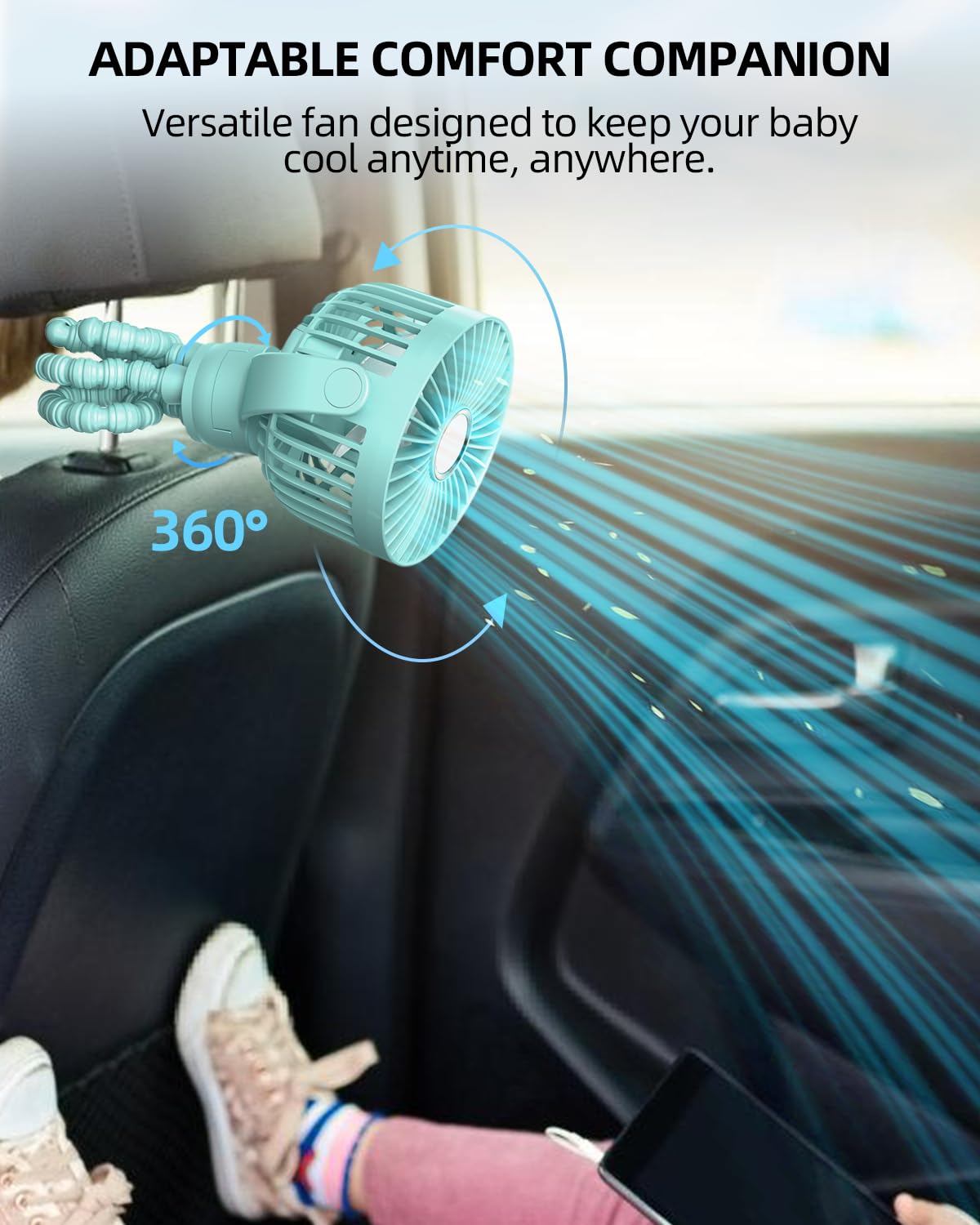 Portable Stroller Mini Fan, Small Rechargeable Personal Fan, Travel Essentials for Baby, Wagon, Car Seat, Treadmill, Battery Powered Biking Gear Accessories, 360° Rotation, 3-Speed, Display, Aqua