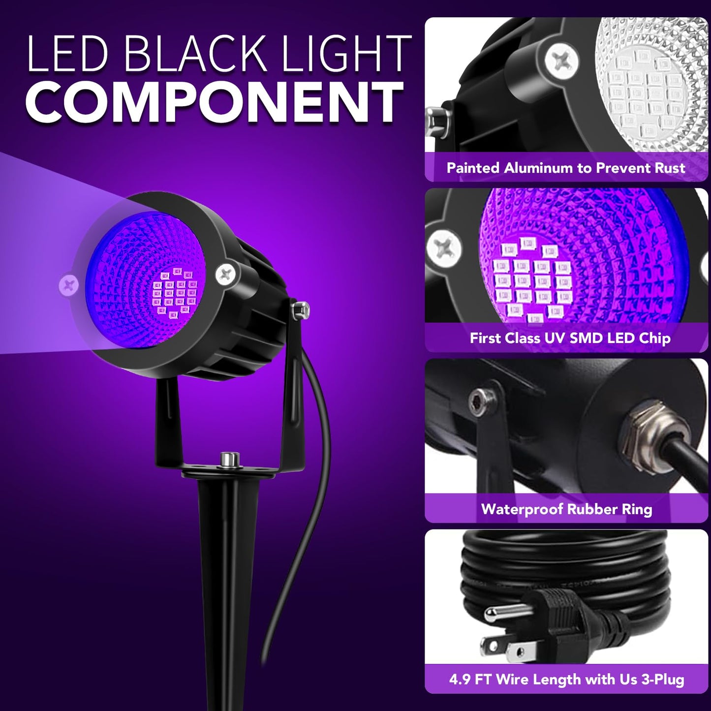 BeeLinks Halloween LED Black Light: 15W Spot Lights Outdoor UV Spotlight for Halloween Christmas | 2 PacK 110V Plug-in Blacklight with IP65 Waterproof for Party Body Paint Fluorescent Poster Neon Glow