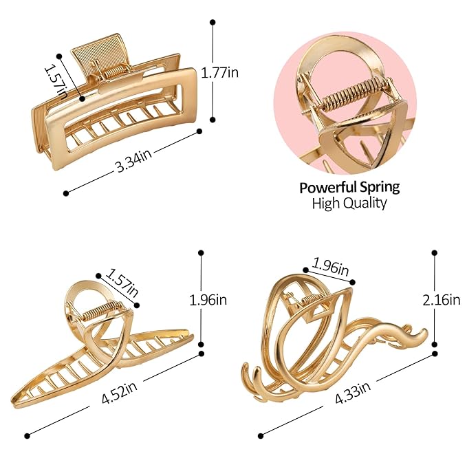 LUKACY 6 Pack Large Metal Hair Claw Clips - 4 Inch, Perfect Big gold Jaw hair clamps for Women and Thinner, Thick hair styling,Strong Hold, Fashion Hair Accessories (Style 2)