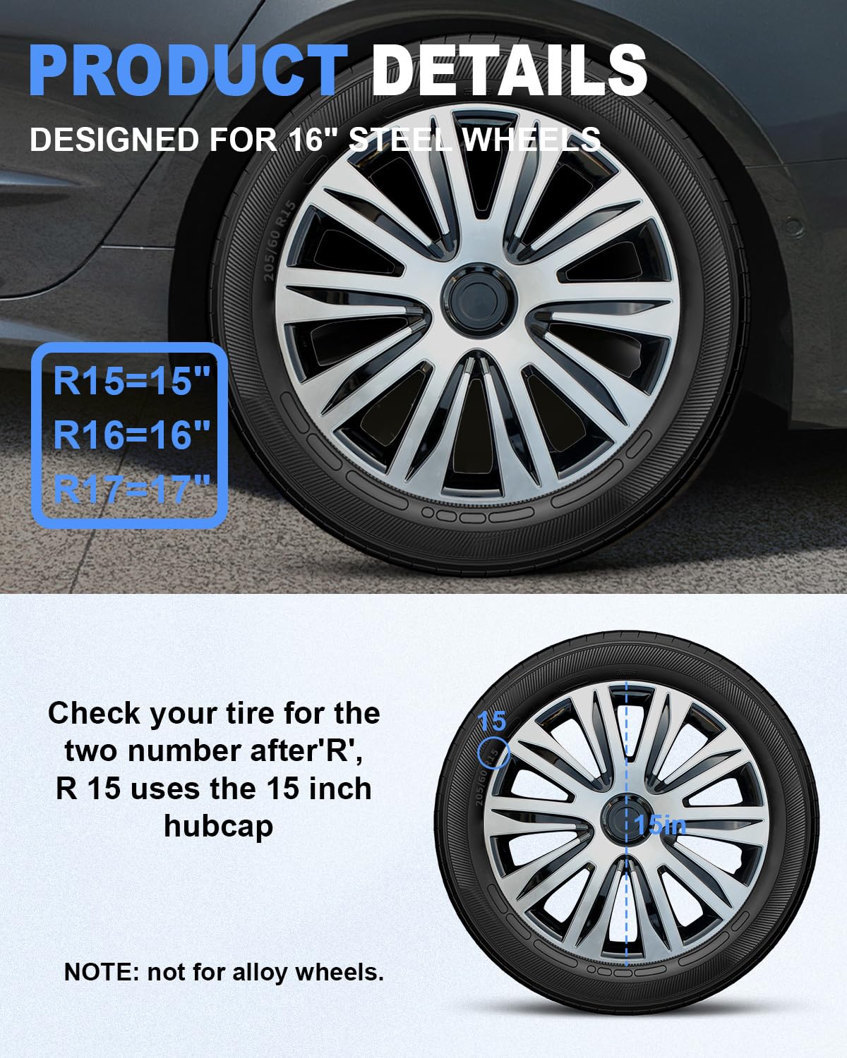 ABX Hubcaps,15 inch hubcaps Set of 4, Wheel Rim Cover ABS Material, Snap On Car Truck SUV Replacement, for Toyota Camry Nissan Mazda etc, Black&Silver