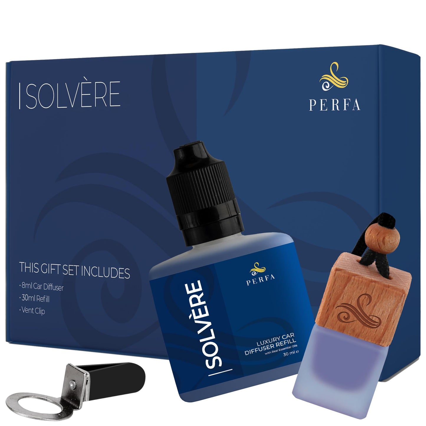 Solvère Gift Set with Refill Bottle | Automotive Air Fresheners with Solvère Fragrance | Strong Car Perfume | Odour Eliminating Car Air Fresheners by Perfa