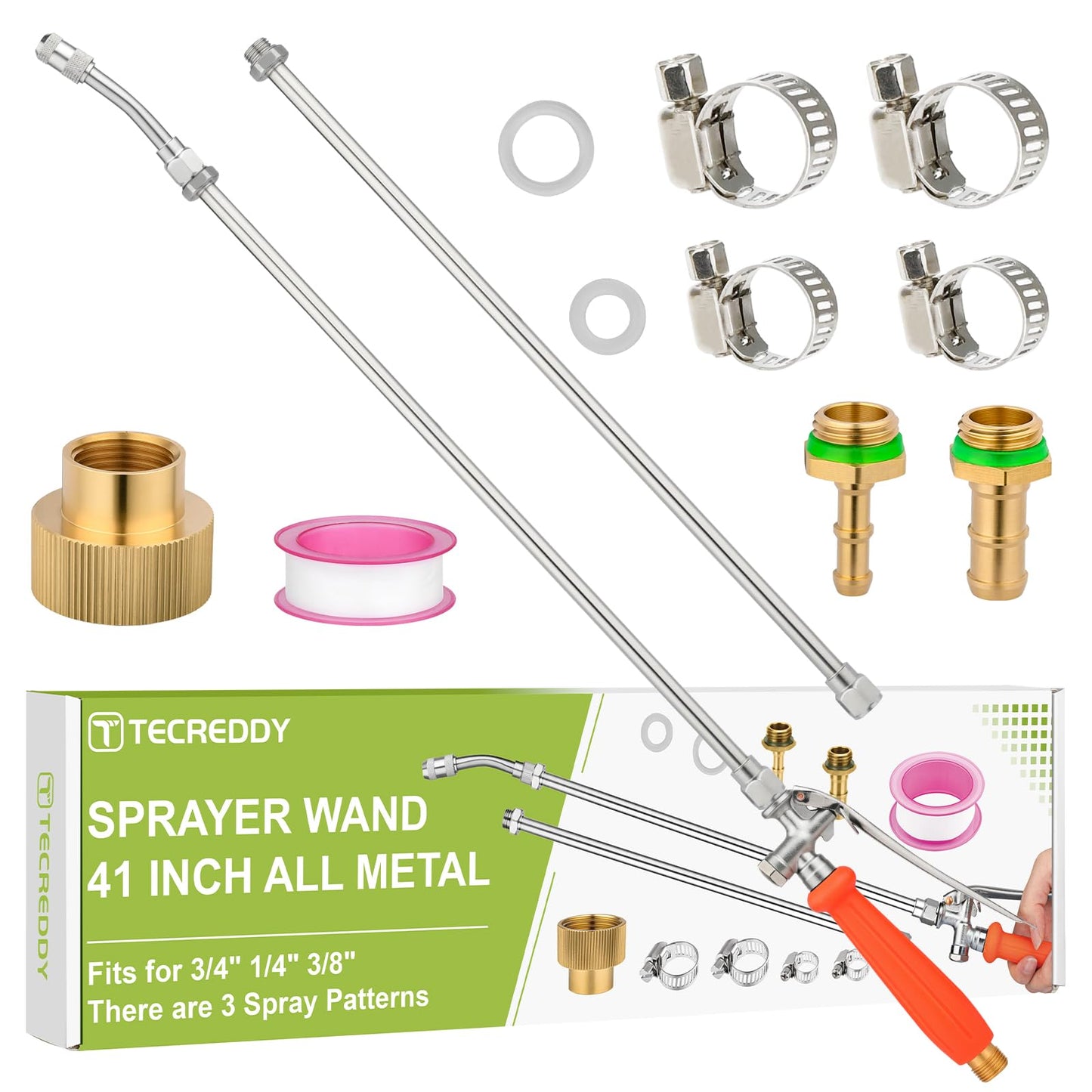 Tecreddy Replacement Pump Sprayer Wand, 41 Inch All Metal Spray Wand with Stainless Steel Extension Tubes, 1/4" 3/8" Brass Barbs & 3/4" Garden Hose Joint Parts for Weed Lawn Plants Careing Watering