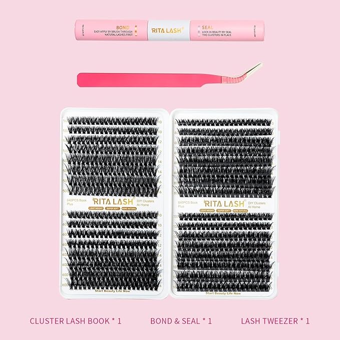 RITALASH Lash Extension Kit 50D+60D+80D+100D DIY Lash Clusters 640pcs Cluster Lashes Individual Lashes Eyelash Extension Kit with Lash Bond and Seal,Lash Tweezers(50D+60D+80D+100D Kit,10-16mm Mixed)