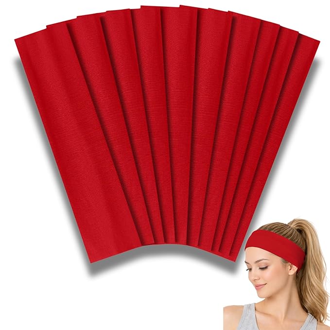 Styla Hair Headbands for Women Stretch Fashion Head Bands 10 Pack Non-Slip Head Wraps Great for Spa, Sports, Yoga, Pilates, Running, Gym Headband, Workouts - Red