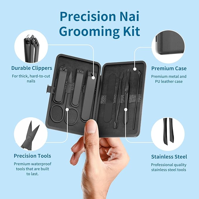 Precision 8 Pieces MenÃ¢ÂÂs Nail Grooming Travel Kit, Stainless Steel Manicure Set with Fingernail & Toenail Clippers, Nail File, Slant Tip Tweezers, Cuticle Scissors, Cuticle Pusher, Travel Case