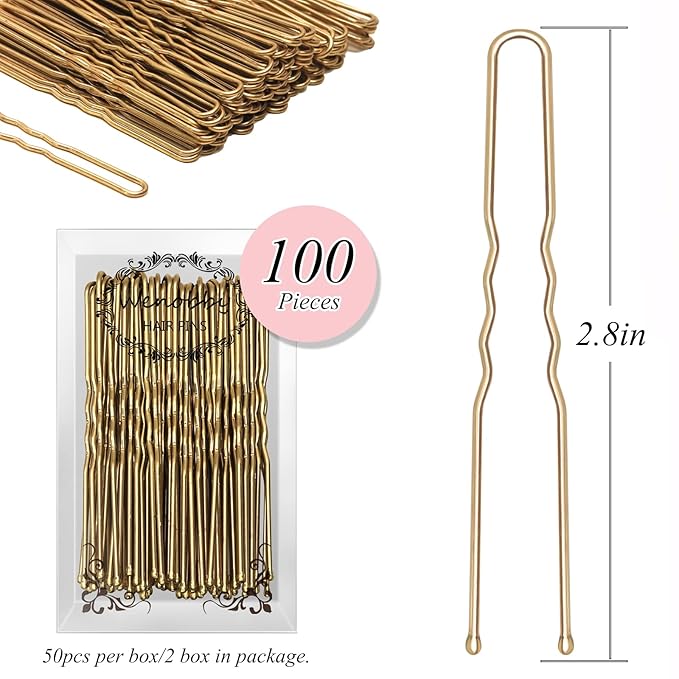 U Shaped Gold Hair Pins for Buns, 100 PCS 2.8" Blonde Hair Pins for Women Hair Styling with Thick Hair
