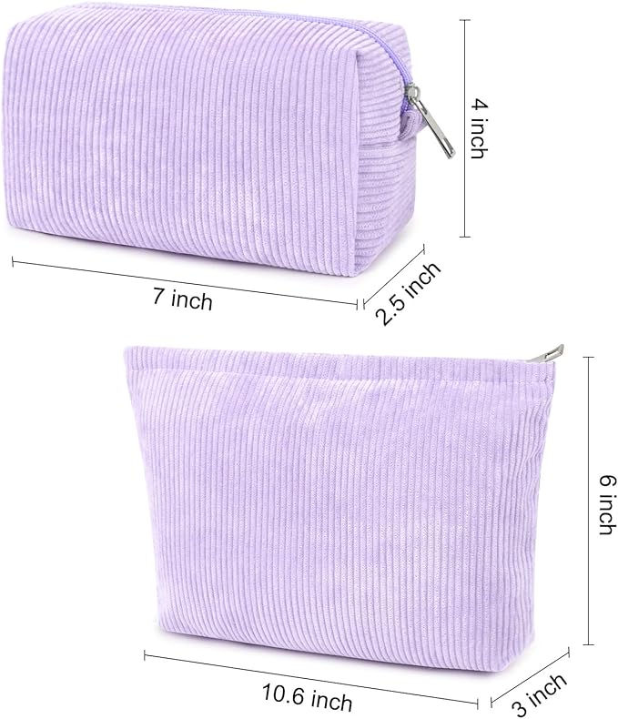 SOIDRAM 2 Pcs Corduroy Makeup Bag Large Cosmetic Bag Toiletry Bag Makeup Pouch Travel Bag Organizer Cute Makeup Brushes Aesthetic Accessories Storage Bag for Women Purple