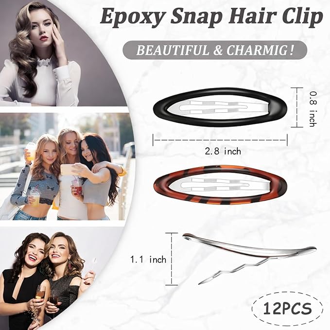 Waydress 12 Pcs Hair Clip Barrettes for Women Oval Snap Tortoise Metal Snap Clips Thin Hair Grips Ellipse Clips Non Slip Barrettes Accessories, 2.8 In(Fresh Style)