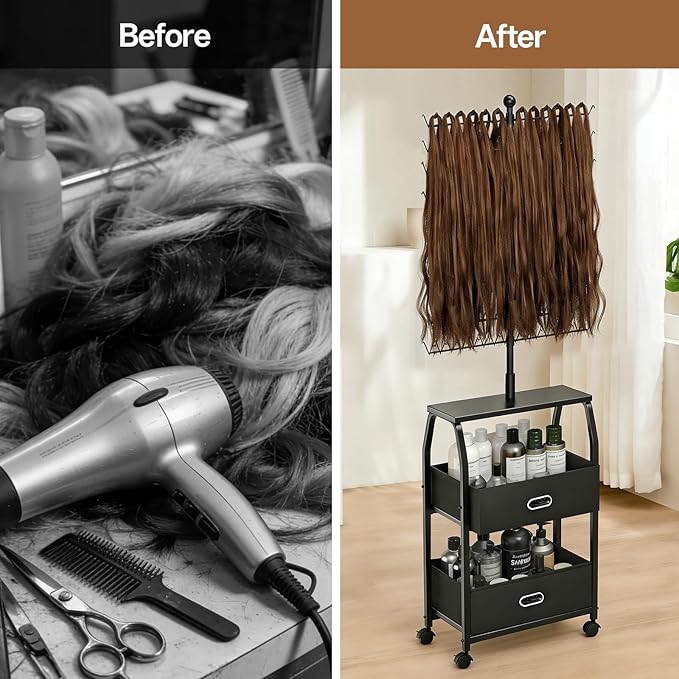 XINTUO Portable Braiding Hair Rack with Wheels & Storage Drawers,280 Pegs Hair Extension Holder Hanger for Braiding Hair Separator Stand Display,Hair Rack with Stylist Hair braiding Tools(Black)