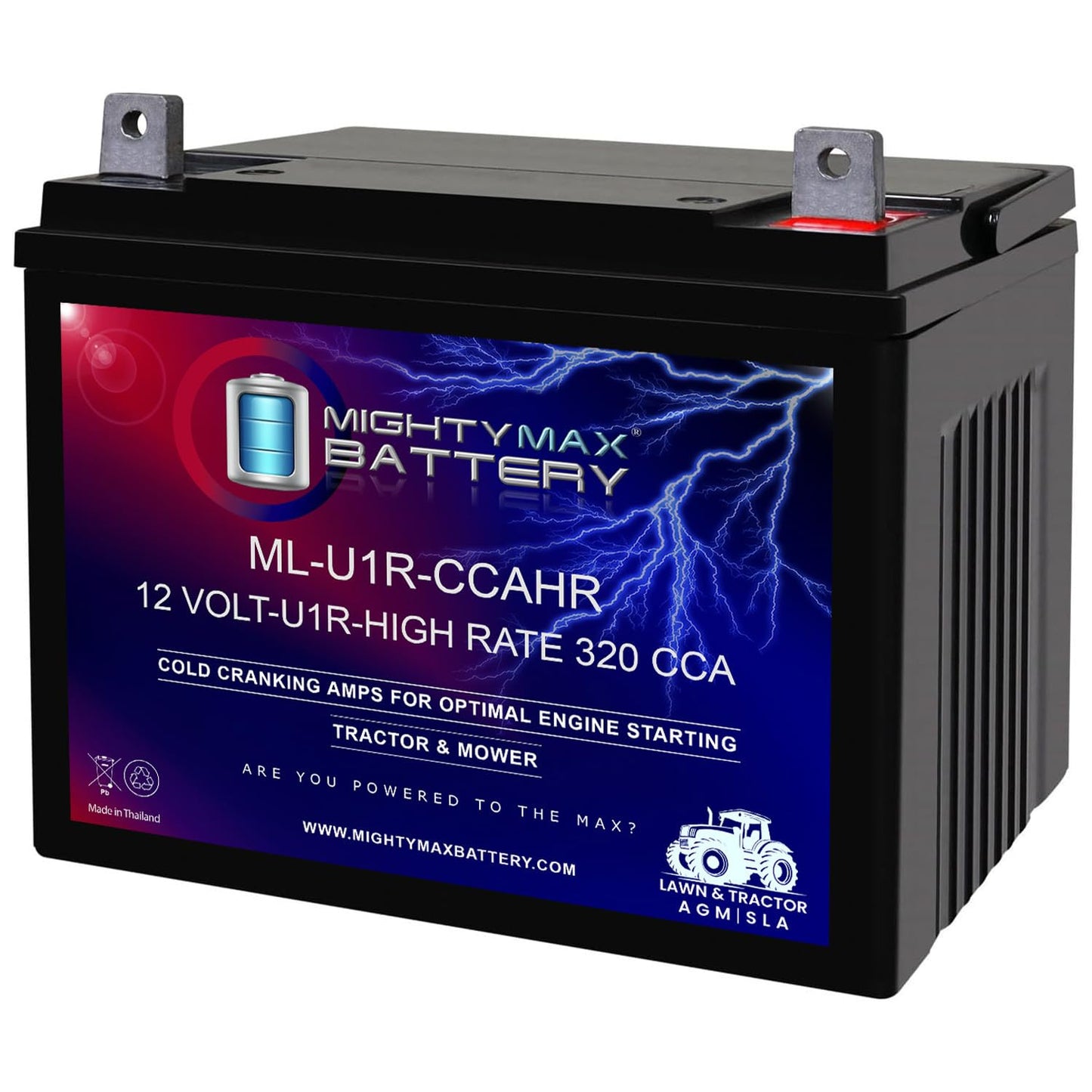 ML-U1R-CCAHR -12 Volt, 320 CCA, Nut and Bolt (NB) Terminal, Rechargeable SLA AGM High Rate Series Battery