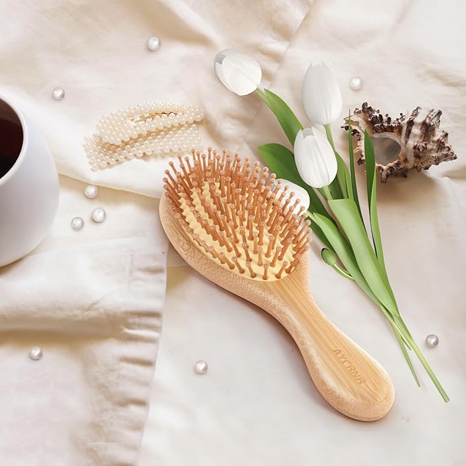 6 Piece Bamboo Hair Brush for Hair Growth, Wooden Paddle Detangler Hairbrush with Natural Bamboo Bristles, For All Hair Types - Women & Men, Scalp Massage, Smooths Tangles & Knots