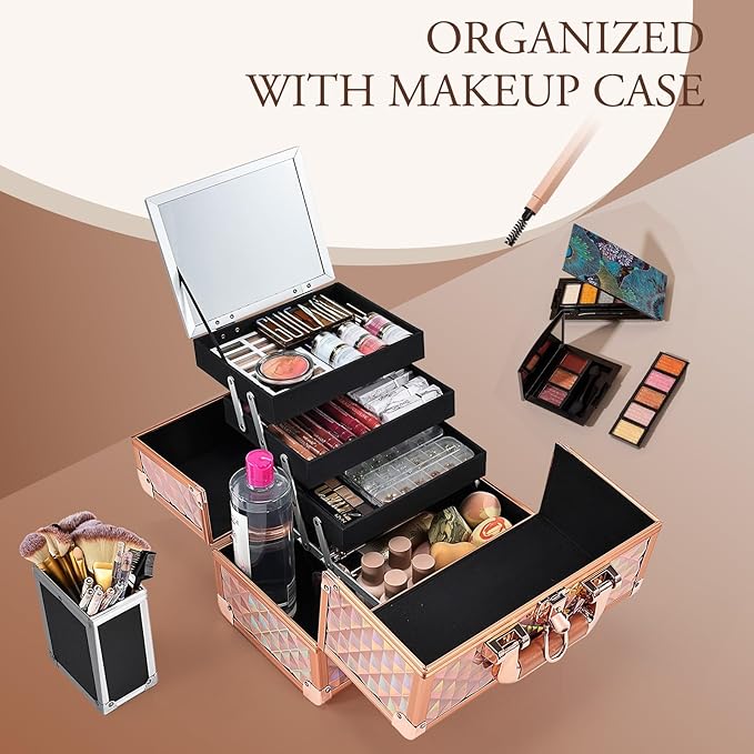 Joligrace Makeup Train Case Cosmetic Box 11.6 Inch Jewelry Organizer Professional 3 Tiers Trays with Mirror and Brush Holder Lockable Key Portable Travel - Rose Gold