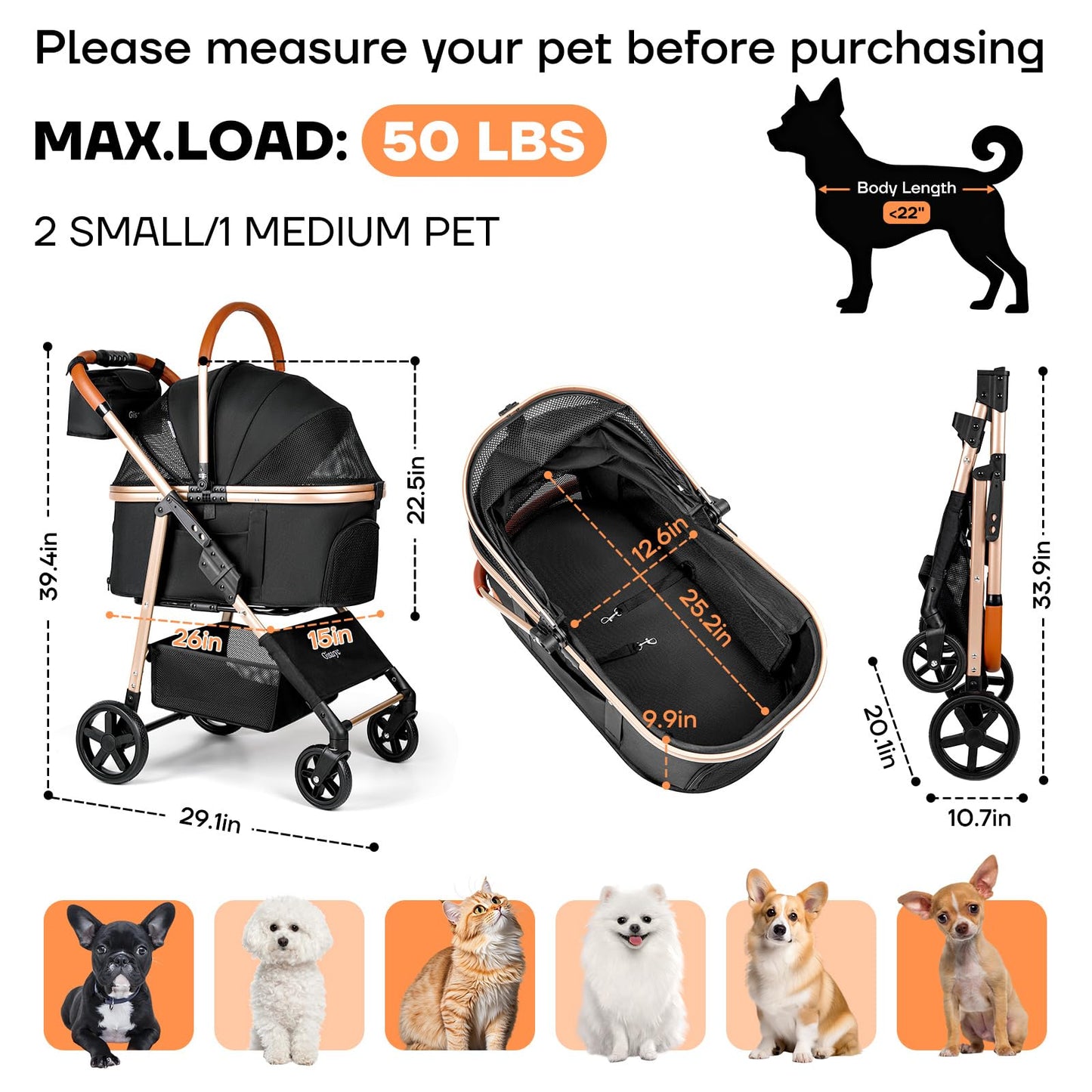Dog Cat Stroller for Small/Medium Pets up to 50 lbs, 3-in-1 Foldable Pet Stroller with Detachable Carrier, Car Seat, Storage Basket, Cup Holder, Hanging Bag, Rain Cover, All-Terrain 4 Wheels (Black)