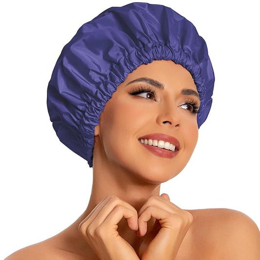 Reusable Shower Cap for Women, Large Waterproof Shower Bonnet with Elastic Band, Washable Bath Hair Cap for Long, Curly Hair, Braids, Daily Shower, Home Spa, Travel(Dark Blue Purple)