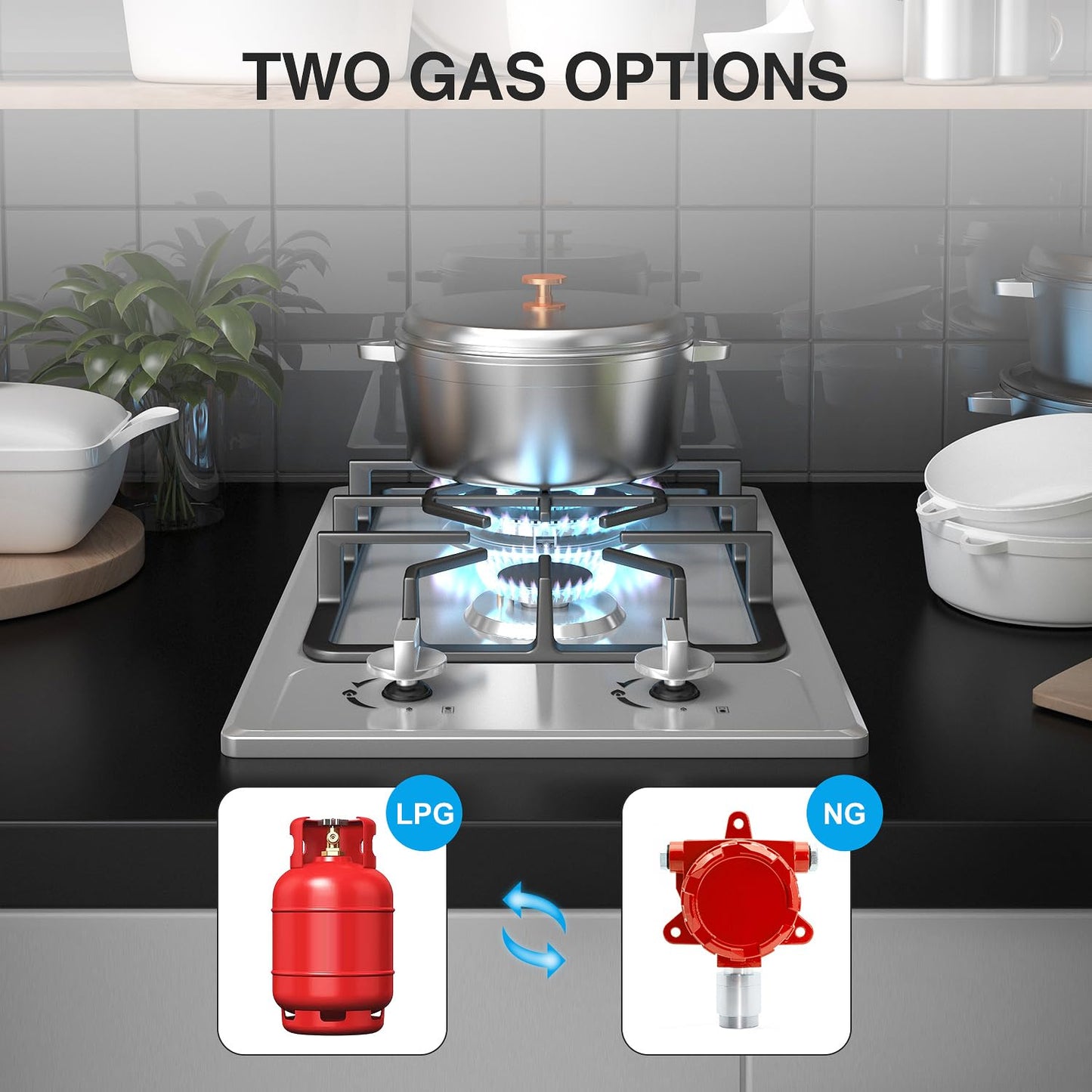 Gas Cooktop Stove 2 Burner, ANHANE 12 Inch Portable Stainless Steel LPG/NG Dual Fuel, Built-in Gas Stove, Ideal for RVs, Apartments, and Outdoor for Cooking