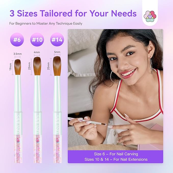 SAVILAND Kolinsky Acrylic Nail Brush Set: Size 6/10/14 Professional Acrylic Brush with Cleaner Tool Nail Brushes for Acrylics Application Nails Extension 3D Nails art Salon Home DIY