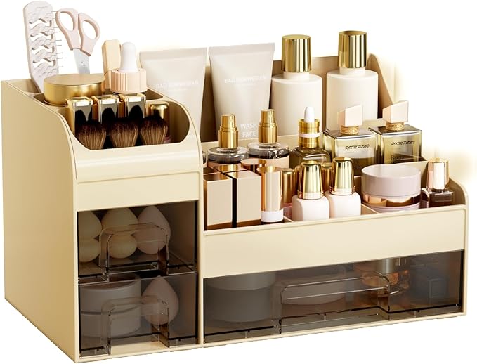 Makeup Organizer with Drawers,Large Cosmetic Storage Box,Countertop Skincare Organizer,ABS Makeup Brush Holder for Bathroom,Desk,Dresser,Multifunctional Beauty Display Case,Cream transparent