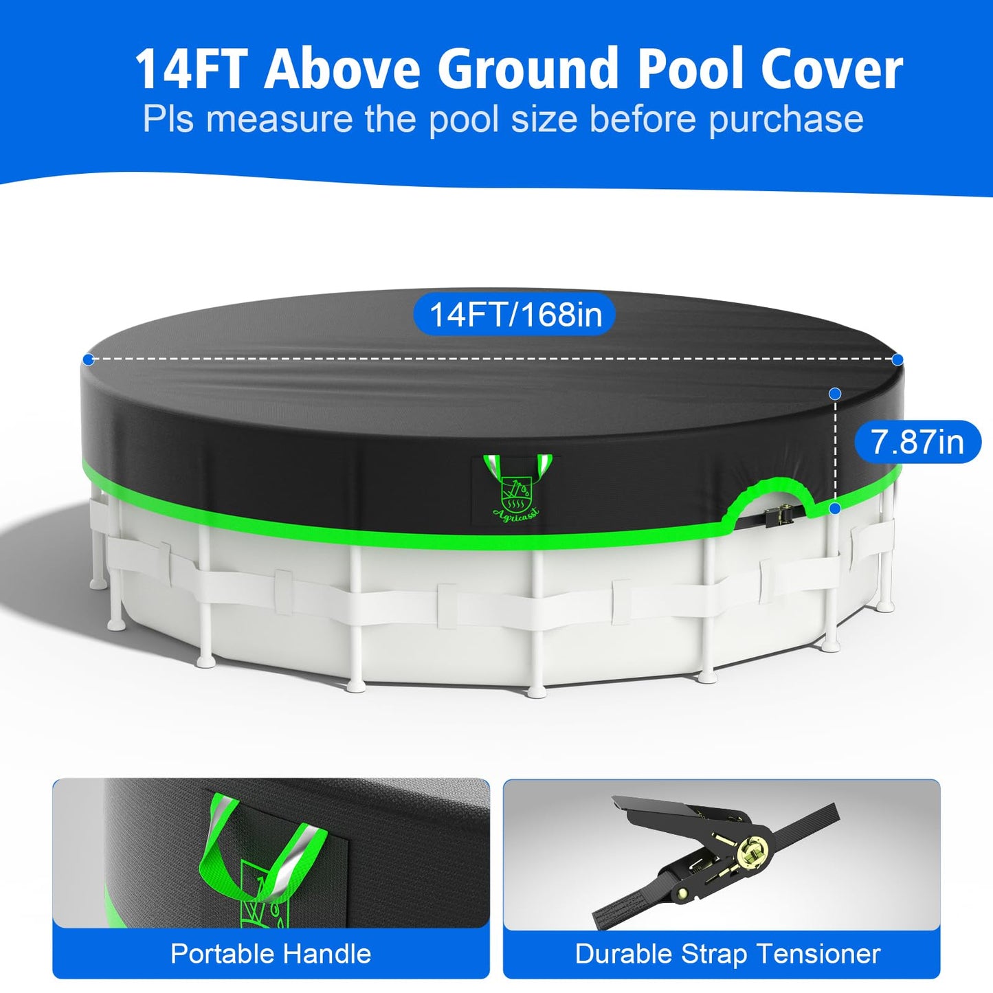 Agricasst 14ft Round Pool Cover, 420D Heavy Duty Above Ground Pool Cover with Sturdy Strap Ratchet Tensioner & Reflective Handles, Enhance Windproof, Side Seamless Tear Resistant, Weather Protection