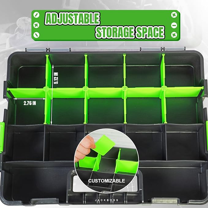 Tool Box with Transparent Lid, Single Side 17-Compartments Organizer Box with Removable Dividers for Hardware, Screws, Bolts, Nails, Beads, Jewelry and Fishing Accessories, Green, 2 Pack