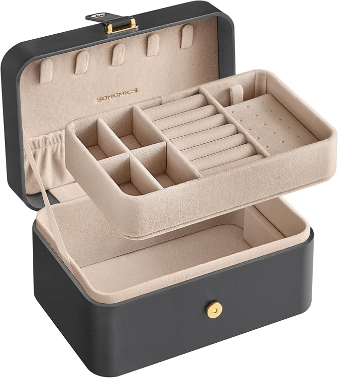SONGMICS Jewelry Organizer Box, Travel Jewelry Case, 2-Layer Travel Case for Earrings, Necklaces, Bracelets - Portable Jewelry Storage with Large Capacity, Gift Idea, Slate Gray UJBC166G01