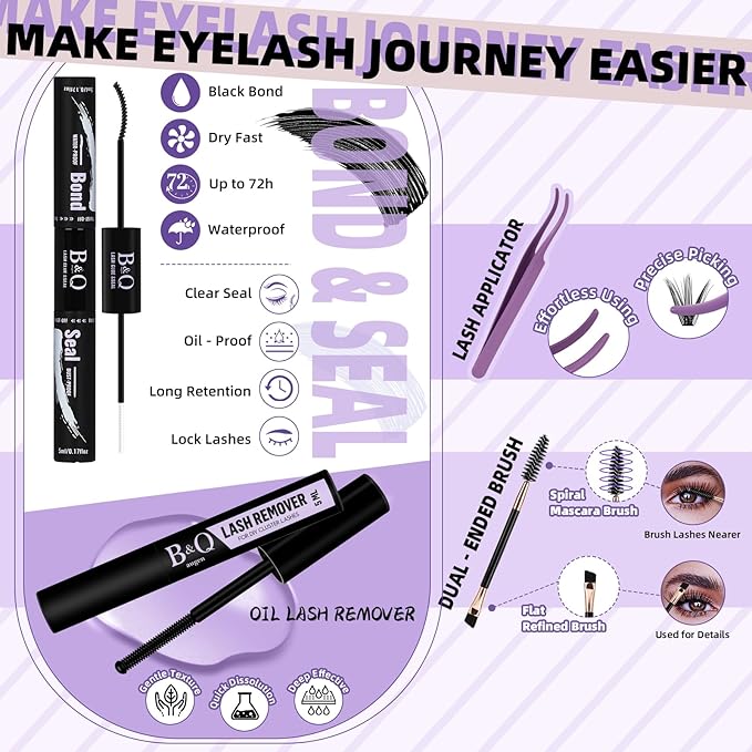 B&Qaugen Eyelash Extension Kit with Bottom Lash Extension 10-18mm 50D D Curl Lash Clusters Kit with Bottom Lashes DIY Lash Extension Kit Bond and Seal Lash Applicator (Kit-50D-D-MIX10-18)