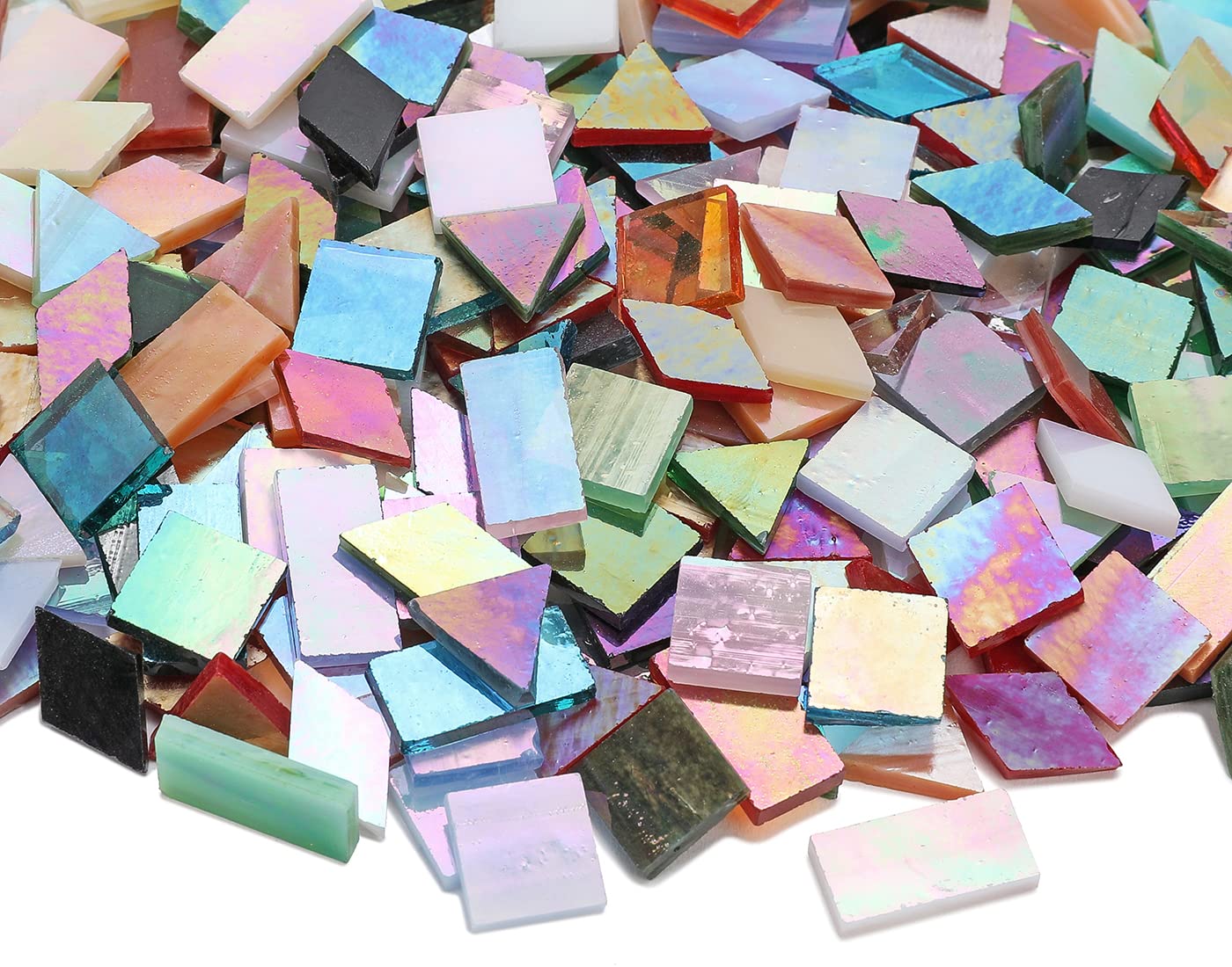 Lanyani Iridescent Glass Mosaic Tiles Bulk, 4-Shapes 700 Pieces Sparkle Iridized Stained Glass Tile for Mosaic Crafts