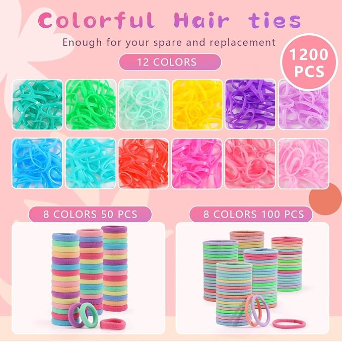 Hair Accessories for Girls, 1350P Colorful Hair Ties Set with 72P Hair Clips, Bobby Pins for Toddlers, Hair Wax Stick, Butterfly Hair Clips, Hair Barrettes with Comb Set&Organizer Box