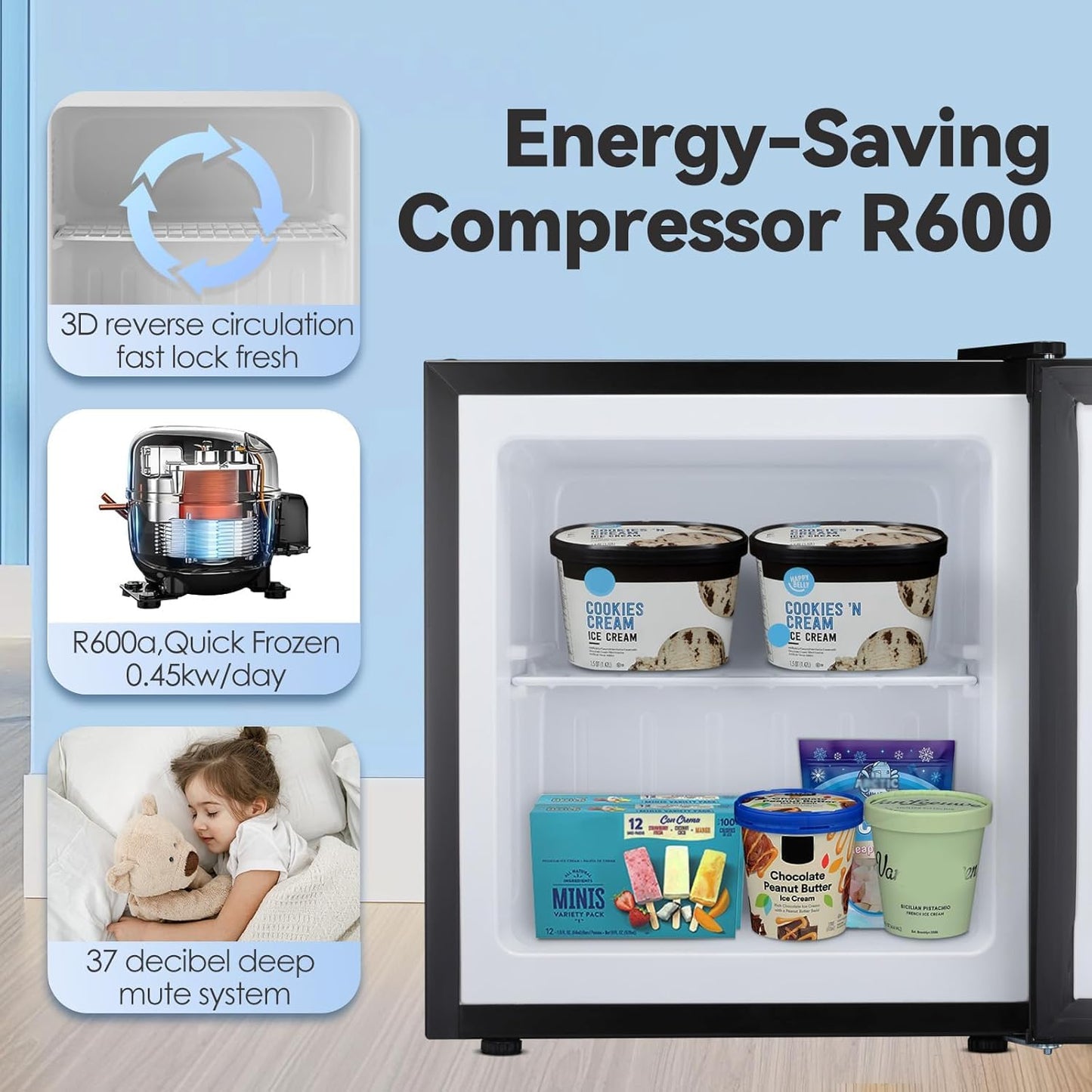 LHRIVER 3.0 Cu.ft Small Upright Freezer, Compact Mini Freezer with Removable Shelves, Adjustable Thermostat, Reversible Door Hinge, Quiet for Home/Office/Kitchen/Dorm, BLACK