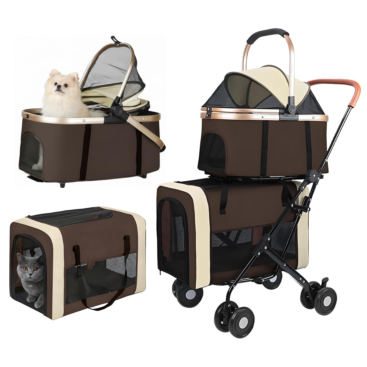 Beuway Double Pet Stroller for Dogs and Cats, One-Step Folding Dog Stroller Travel Carriage for Small Medium Dogs Cats, 2 Detachable Carrier Bags, 4 Lockable Wheels (Brown)
