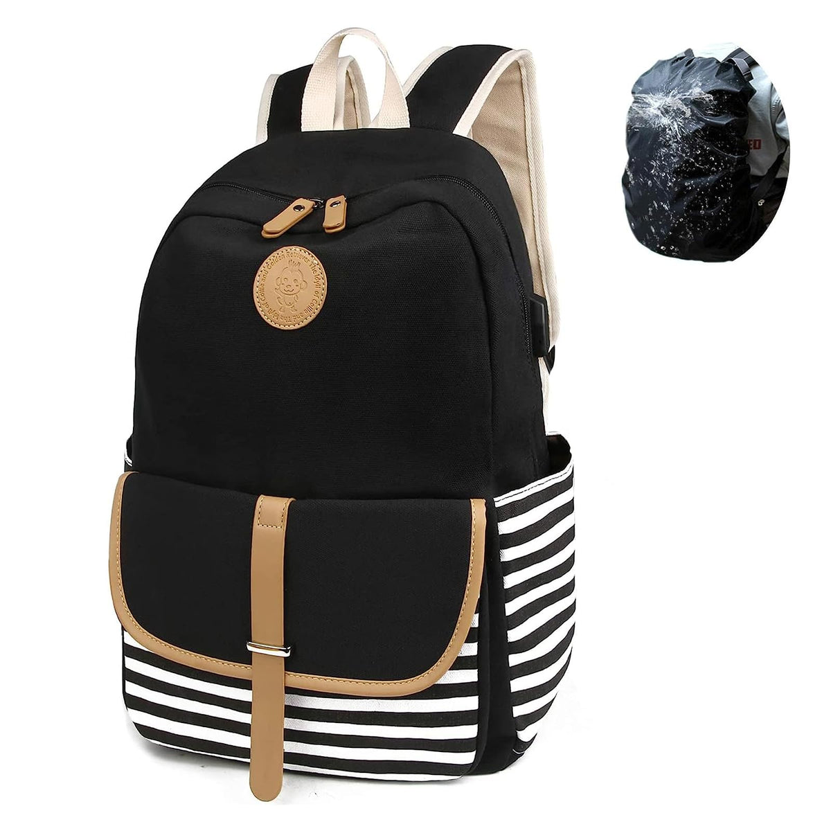 SCIONE Backpacks for Women Teen Girls, Big Kid Large Capacity Book Bag with USB Charger Port,Cute Canvas Bookpack -Durable Black Stripe Backpack,Travel Laptop Backpack,Back to School Gift for Girls
