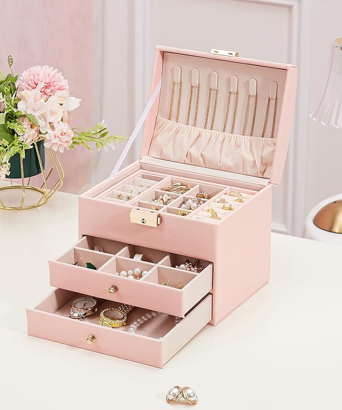 Homde Girls Jewelry Box with Lock: 3 Layer Organizer with Removable Tray - Storage for Ring Necklace Earring - Birthday & Return Gifts for Young Women (Blush Pink)