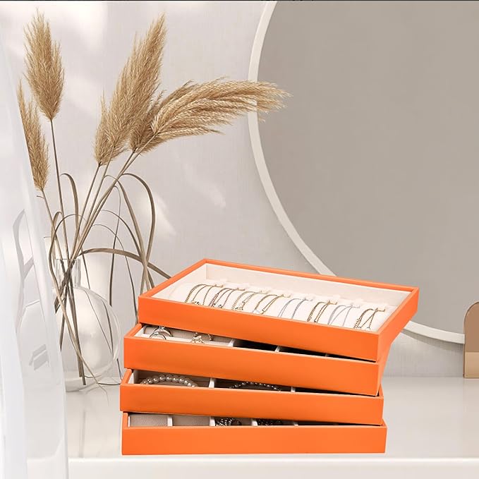 LANDICI Stackable Jewelry Organizer Trays 4 Set,PU Leather Jewelry Organizer Drawer,Jewelry Storage Display Tray for Earring Necklace Rings Bracelet with Removable Dividers,Orange