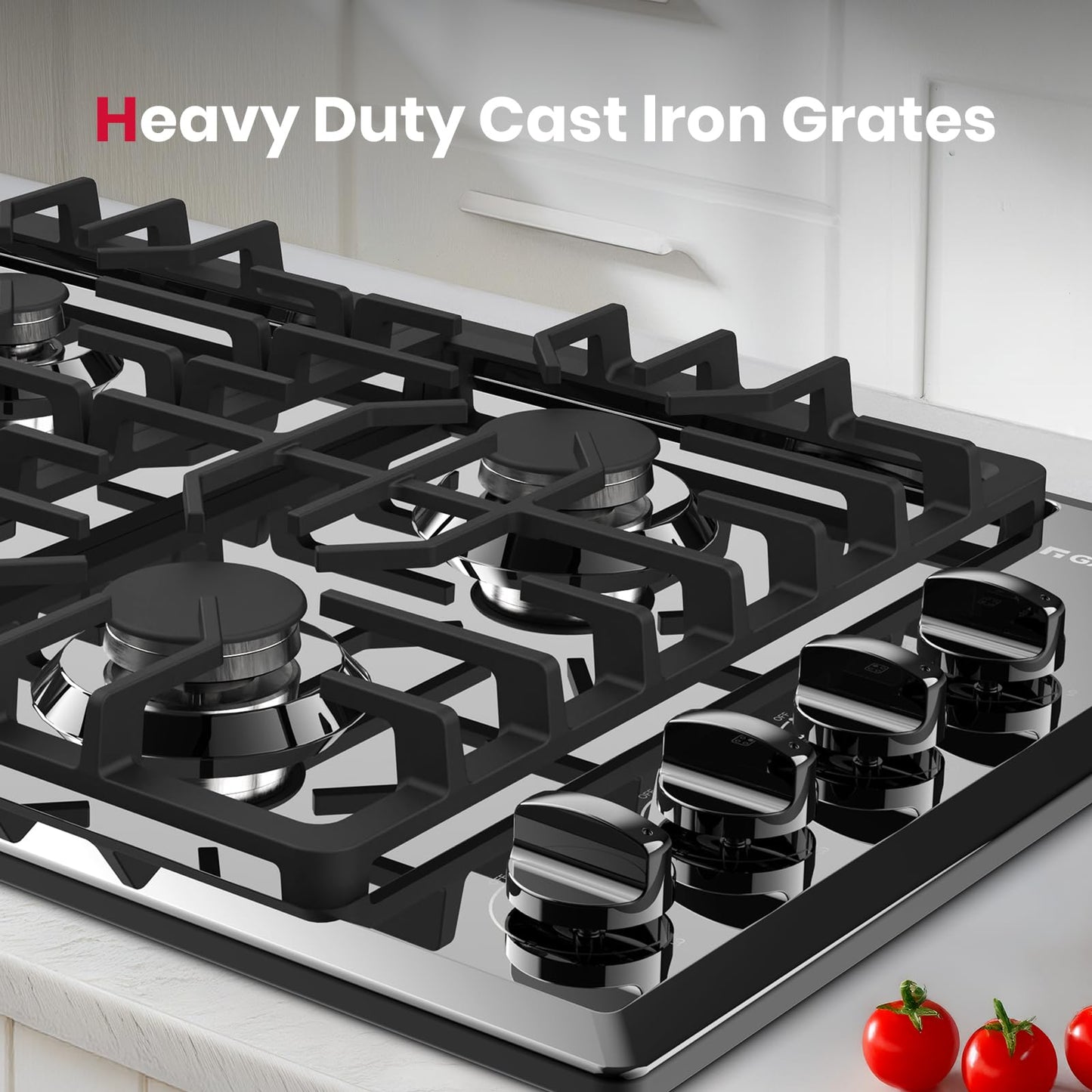 GASLAND Gas Cooktop 30 Inch Black, 4 Sabaf Sealed Burner Gas Stovetop, 4 ft Cord Plug, Cast Iron Grates with Metal Knobs, 28,300 BTU NG/LPG Convertible, Thermocouple Protection, CSA Certified