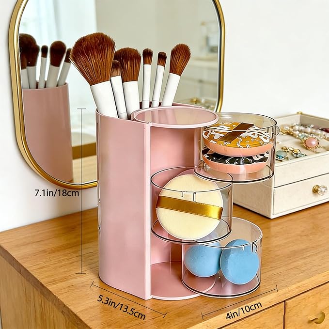 Hair Accessories Organizer for with Hair Brush Holder, Divided Rotatable Makeup Easy Organization of Hair Clips, Rings, Earrings, Makeup Brushes, Hair Clip and Hair Accessories (Pink, 3-Layer)