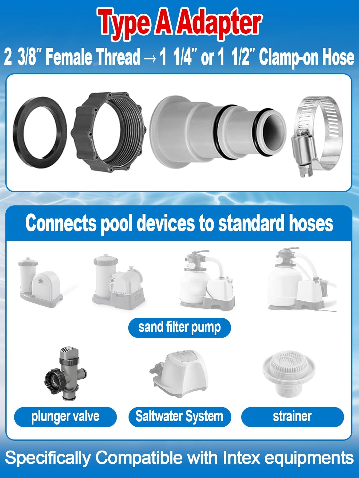 PAMASE Pool Hose Adapter A & B - Conversion Connector for 1.5"&1.25" Hoses with Clamps Gaskets, Replacement Parts fits Intex Filter Pumps, Saltwater System, Above Ground Swimming Pool (4Pack)