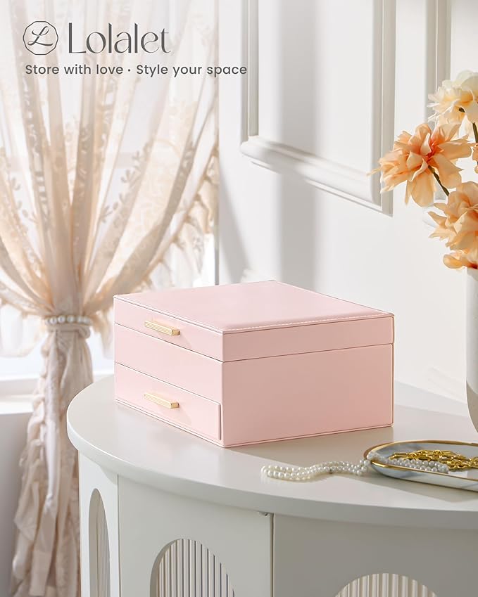Lolalet 2-Layer Jewelry Box Organizer for Women Girls, Jewelry Storage Case Holder with Drawers for Necklaces Ring Earrings Bracelet Watch, Gifts for Galentines Valentines Girlfriend Wife -Pink
