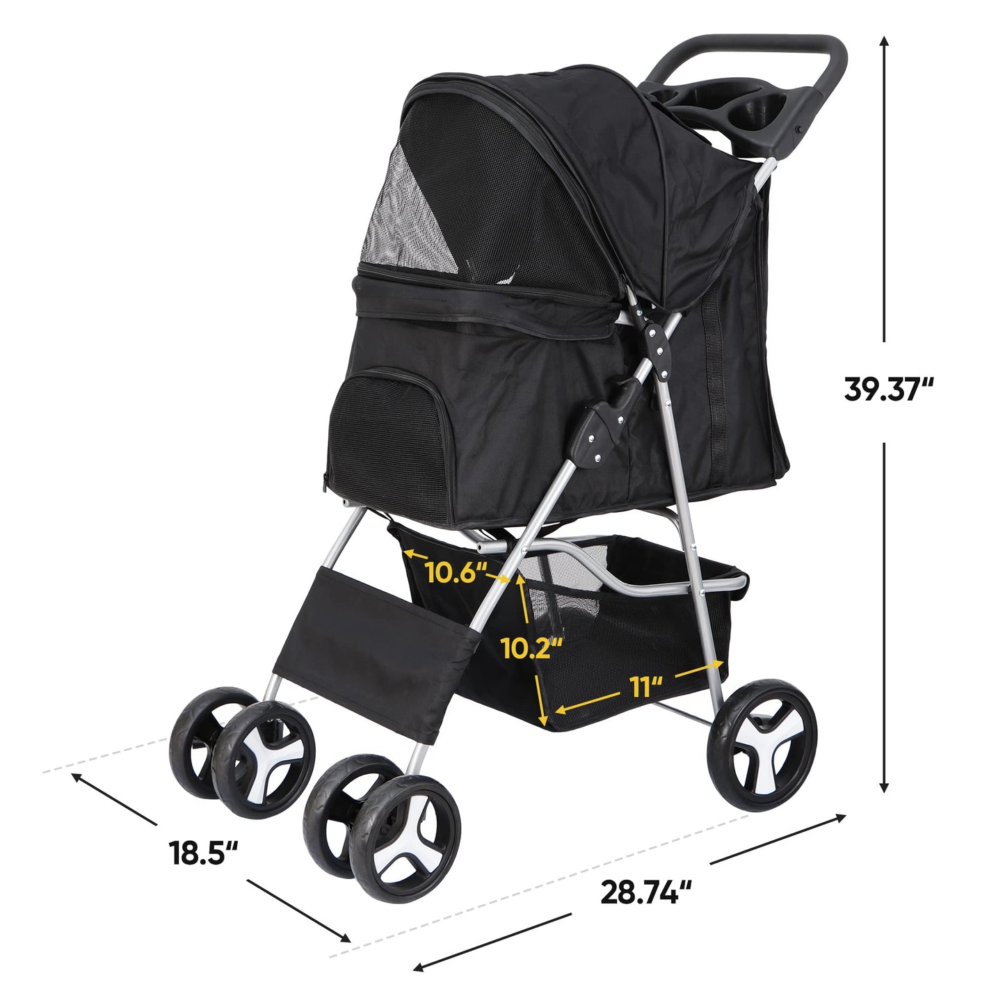 LEMY 4 Wheels Pet Dog Cat Stroller for Small Medium Dogs Cats,Black Foldable Jogger Travel Puppy with Detachable Carrier