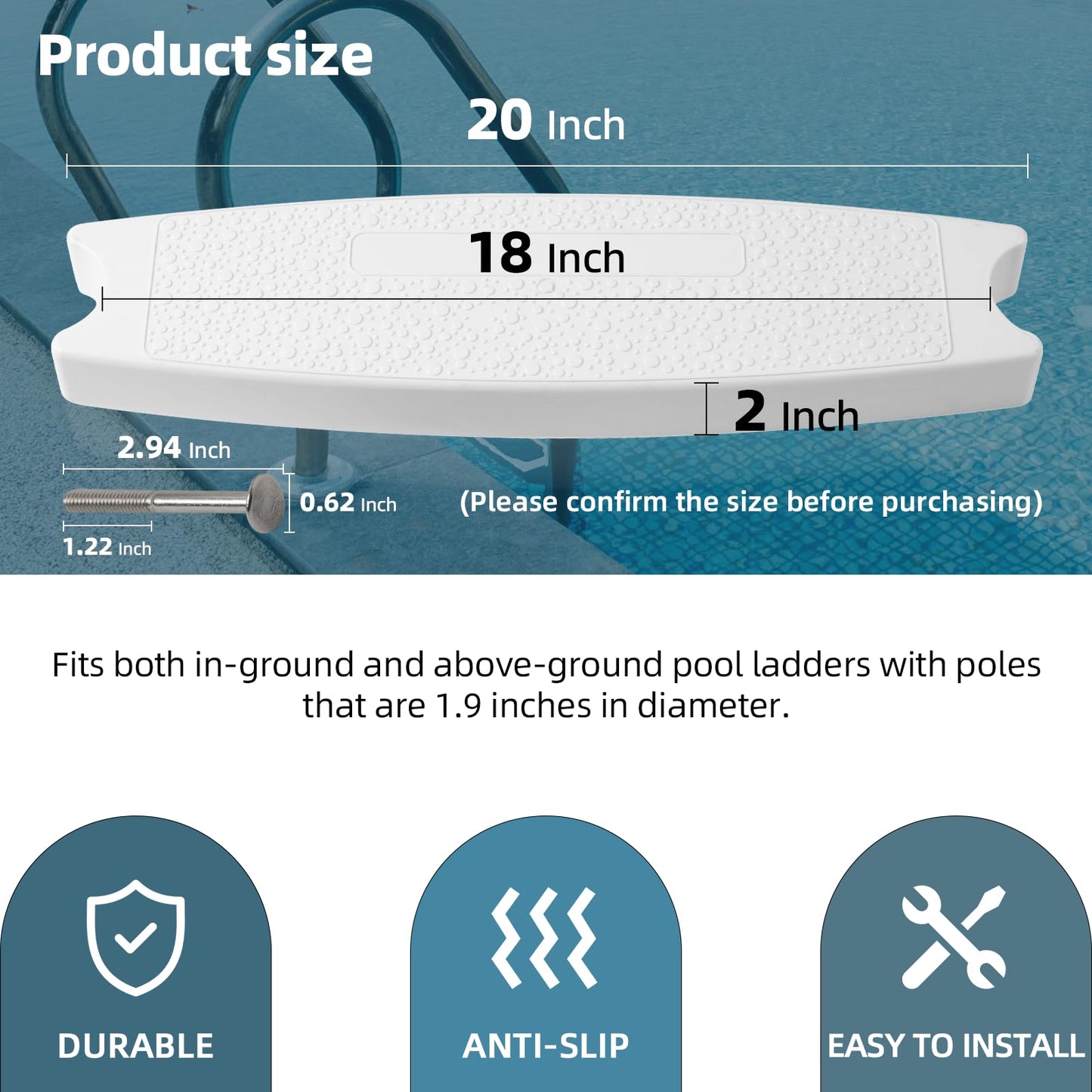 TonGass (6-Pack, White) 18" Universal Swimming Pool Ladder Rung Step Replacement with Stainless Steel Bolts Compatible with Inground Above Ground Pool Heavy-Duty Molded Plastic Ladder Step Parts