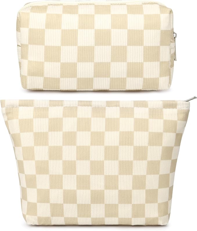 SOIDRAM 2 Pcs Checkered Makeup Bag Large Cosmetic Bag Toiletry Bag Makeup Pouch Travel Bag Organizer Cute Makeup Brushes Aesthetic Accessories Storage Bag for Women Brown Checkered