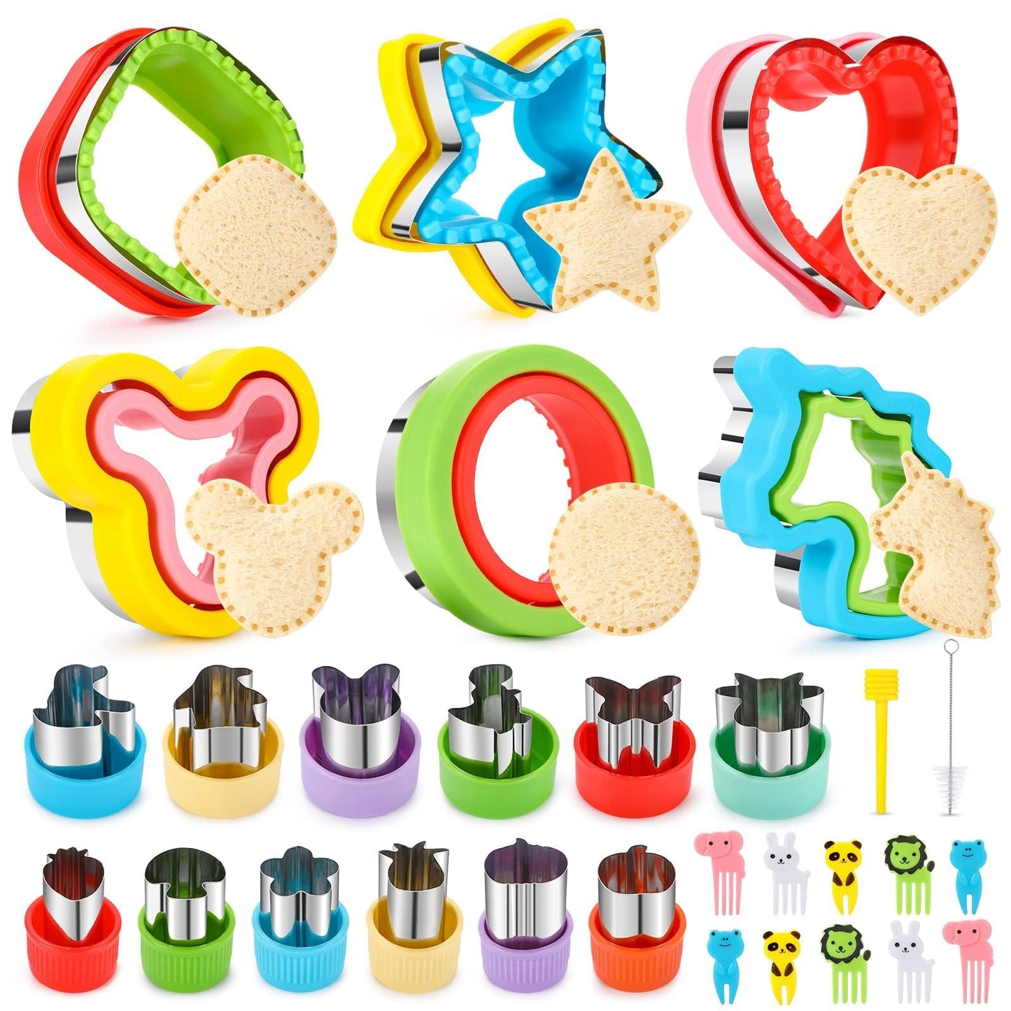 30Pcs Sandwich Cutter and Sealer for Kids Fruit Cutters Shapes Food Picks Crustless Sandwich Shape Cutters Decruster Sandwich Maker DIY Cookie Cutter Boys Girls School Bento Box