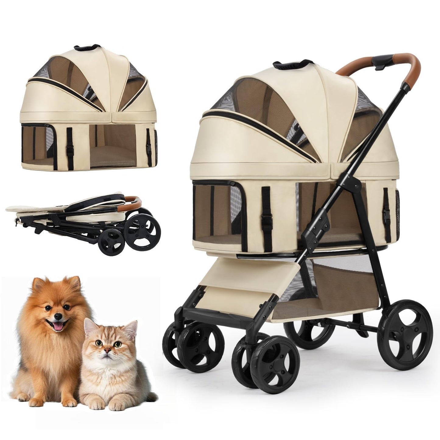 4 Wheels Pet Stroller for Small/Medium Dogs and Cats,Dog Stroller with Detachable Carrier and Storage Basket,One Click Folding,Compact Portable,Up to 50lbs,3 in1 Multifunctional(Khaki)