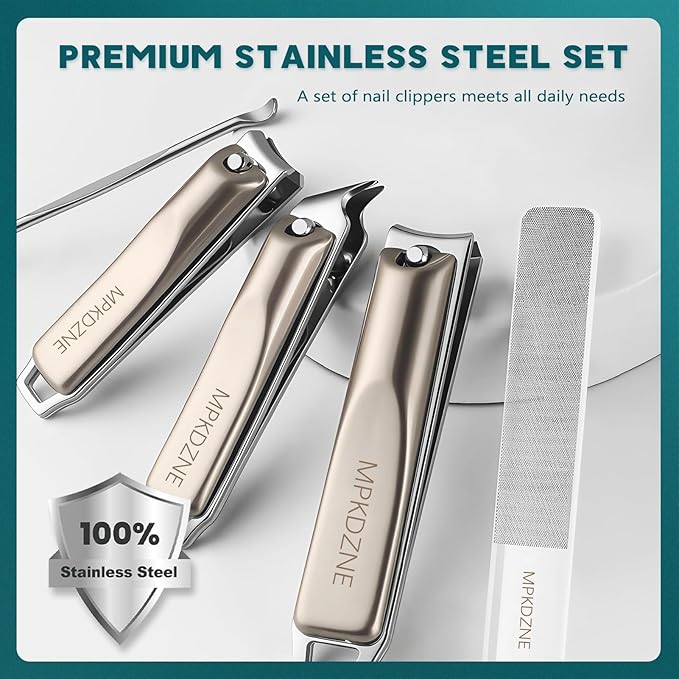 Pro 5-in-1 Nail Clippers Set for Men & Women. Ultra Sharp Stainless Steel Manicure Kit w/Angled Trimmer in Luxury Leather Case. Travel & Home Use (5-in-1 Silver)