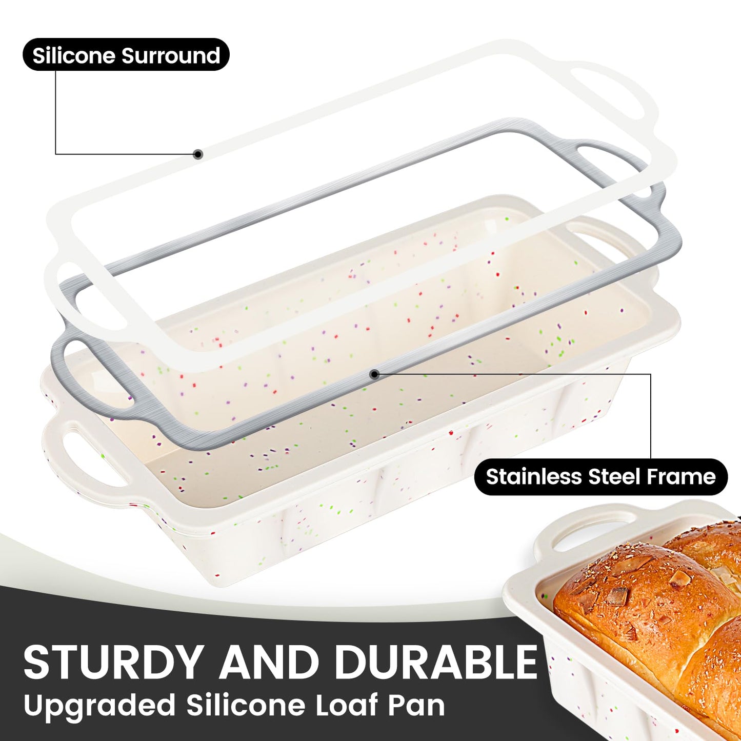 Vinino Silicone Bread Loaf Pan with Metal Reinforced Frame, 9.5 x 5 in Non-stick Silicone 1 lb Loaf Pan for Baking, 2 Pack Durable Bread Pan for Oven Dishwasher Safe - Cream